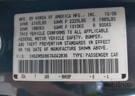 2007 Honda Accord 2.4 Ex z USA, uszkodzony, nr VIN 1HGCM56867A042836